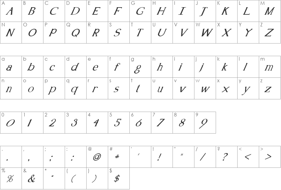 FZ ROMAN 18 ITALIC font character map preview