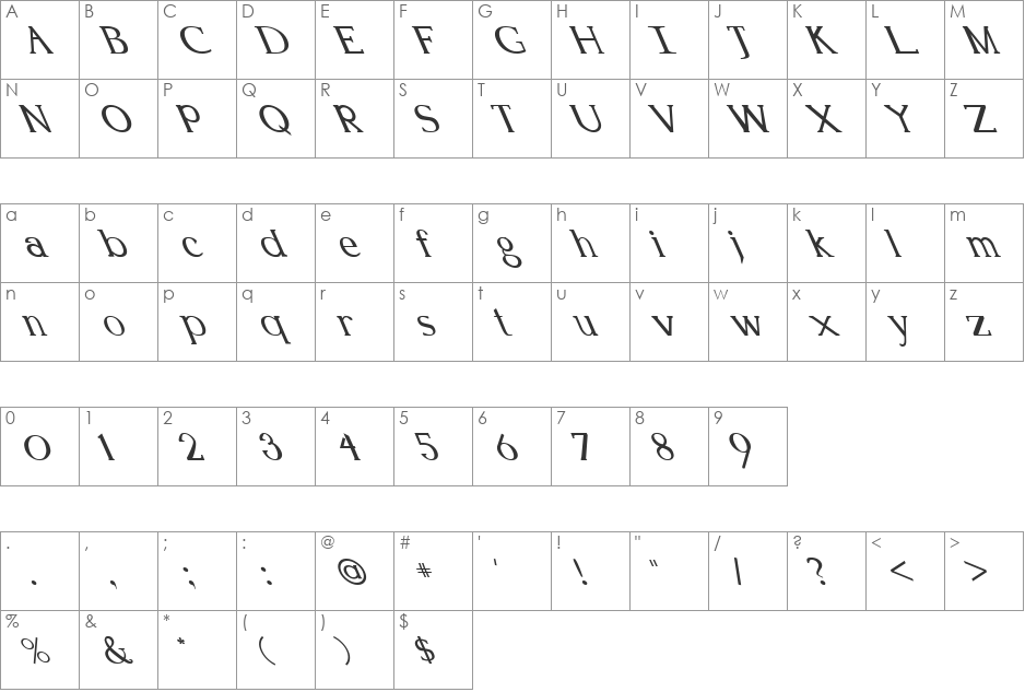 FZ ROMAN 18 LEFTY font character map preview