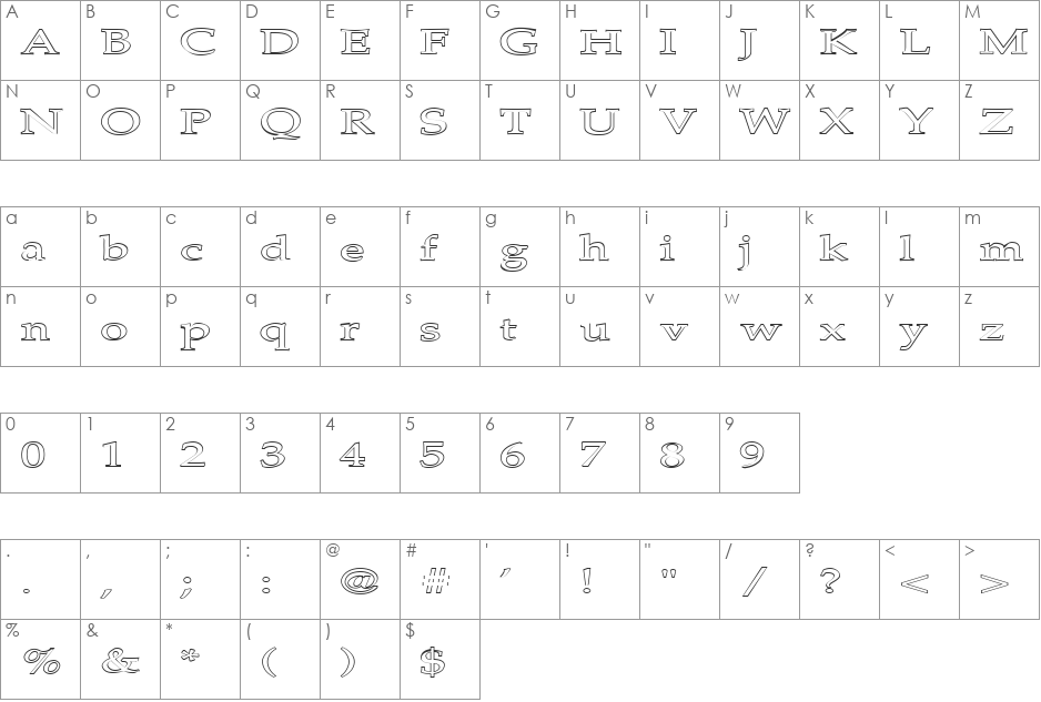 FZ ROMAN 21 HOLLOW EX font character map preview
