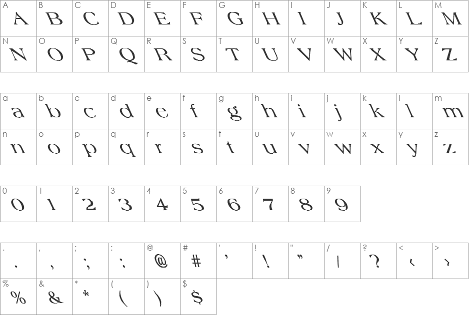 FZ ROMAN 22 LEFTY font character map preview