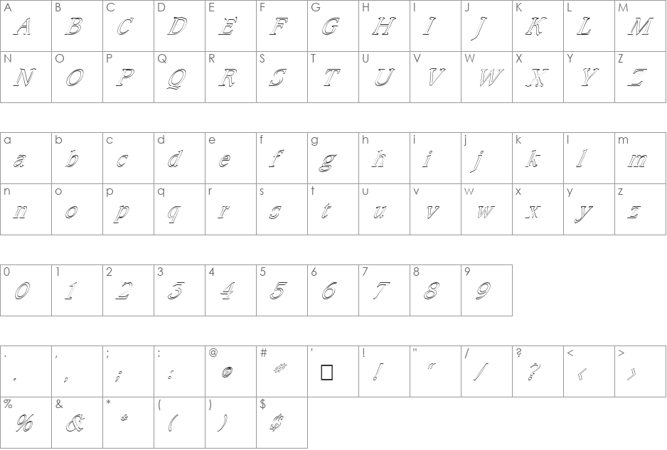 FZ ROMAN 23 HOLLOW ITALIC font character map preview