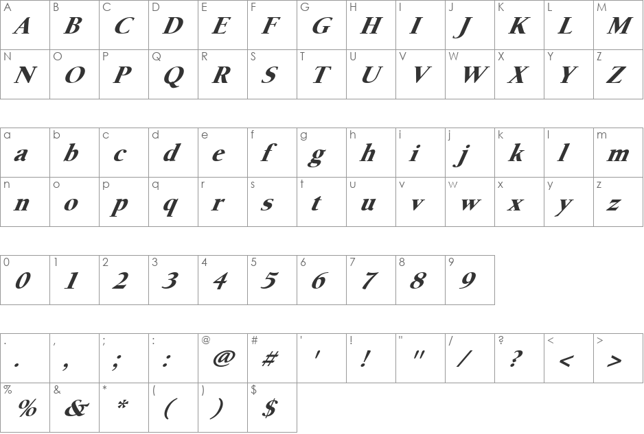 FZ ROMAN 24 ITALIC font character map preview