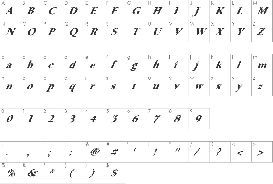FZ ROMAN 24 WAVEY ITALIC font character map preview