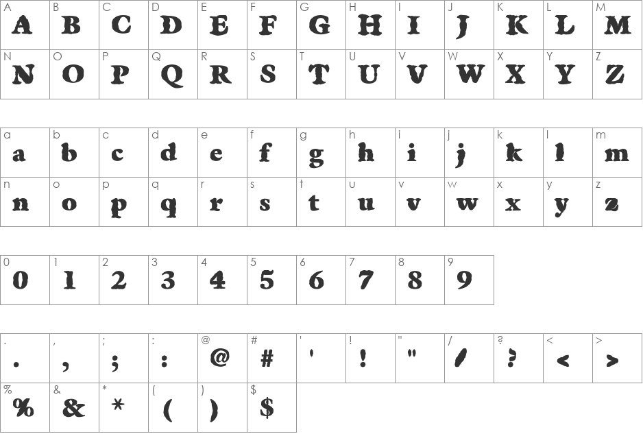 FZ ROMAN 25 MANGLED font character map preview