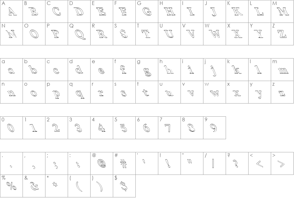 FZ ROMAN 28 HOLLOW LEFTY font character map preview