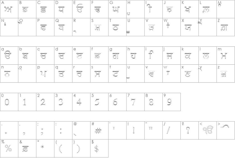 AnmolOutlined font character map preview