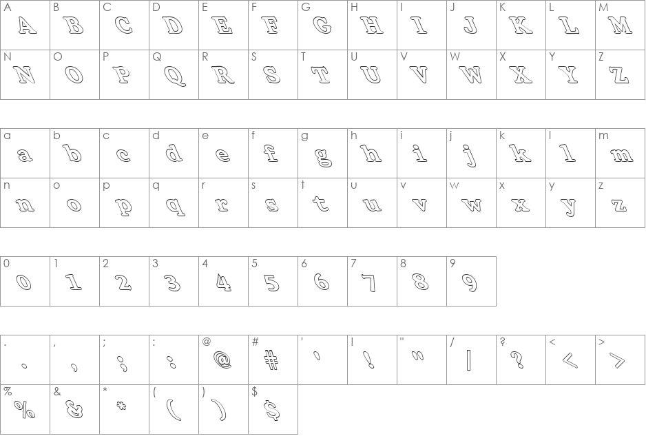 FZ ROMAN 32 HOLLOW LEFTY font character map preview