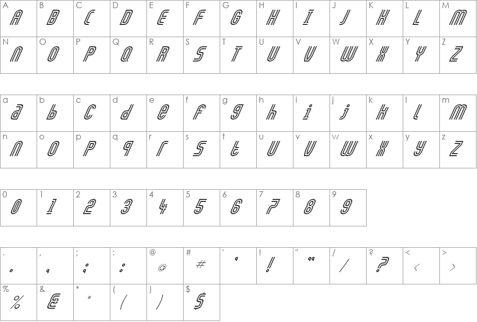 FZ UNIQUE 13 ITALIC font character map preview