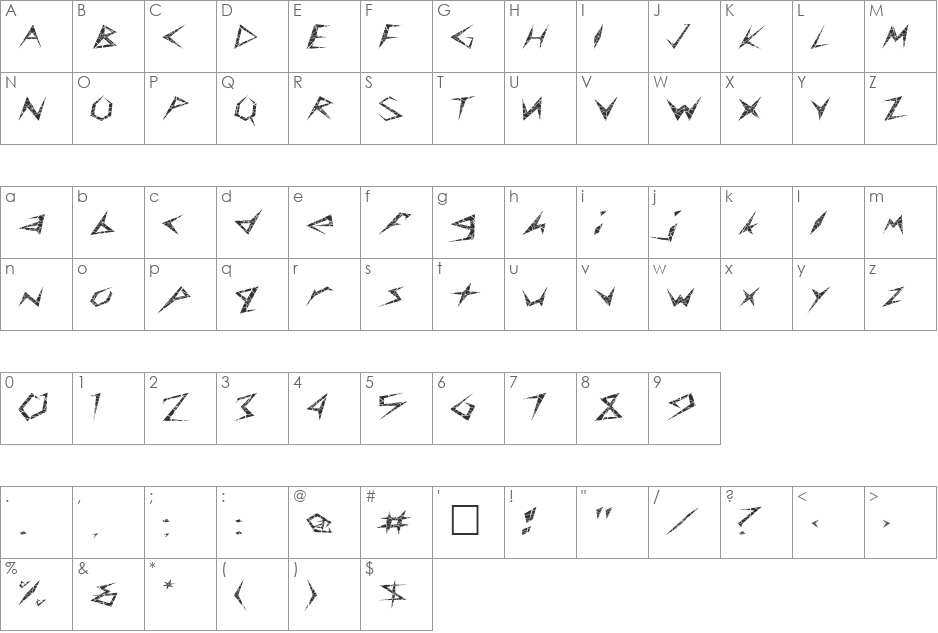 FZ UNIQUE 17 CRACKED EX font character map preview