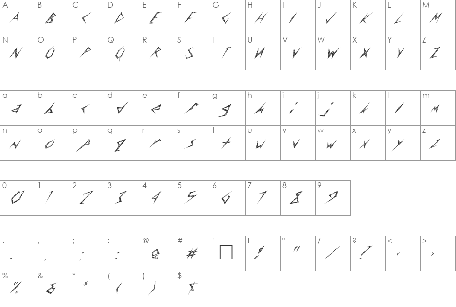 FZ UNIQUE 17 CRACKED ITALIC font character map preview