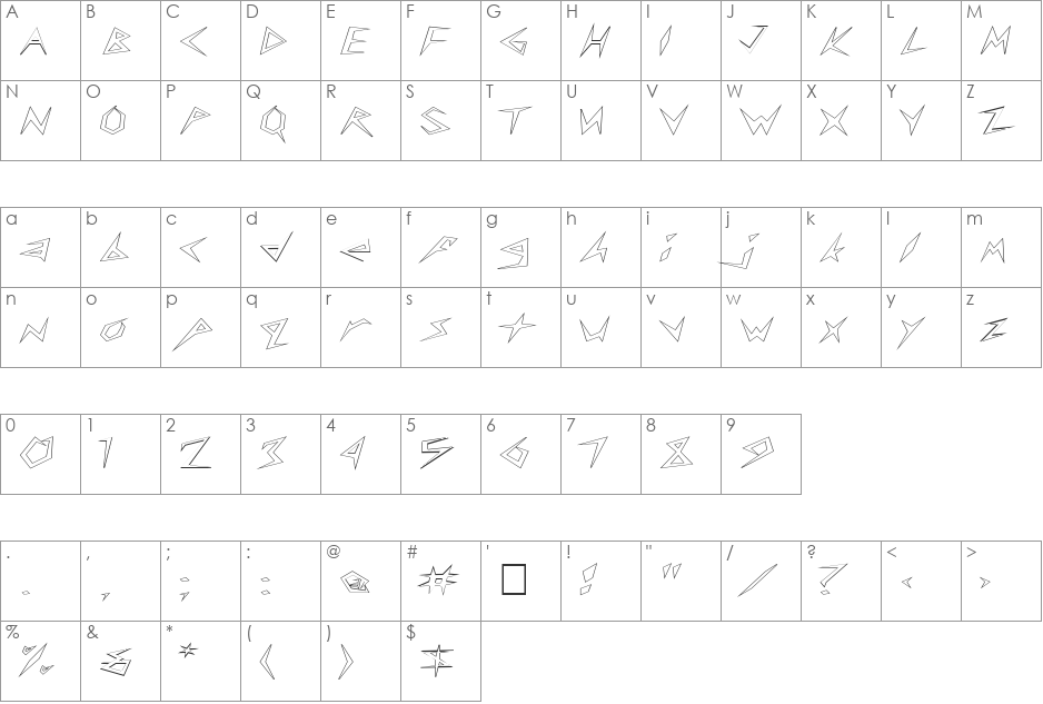 FZ UNIQUE 17 HOLLOW EX font character map preview