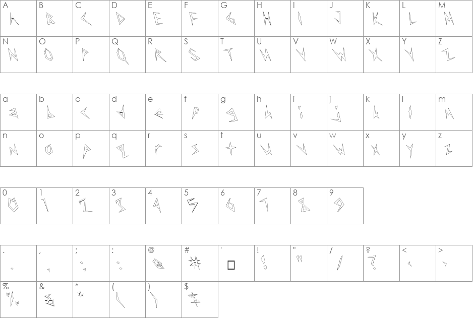 FZ UNIQUE 17 HOLLOW LEFTY font character map preview