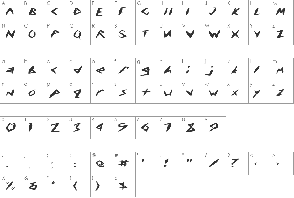 FZ UNIQUE 17 MANGLED EX font character map preview