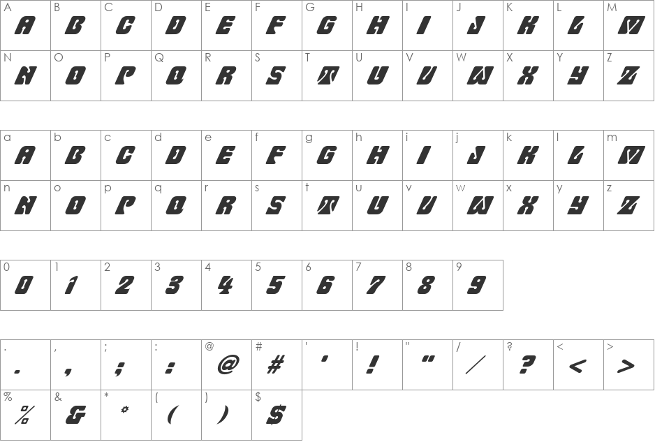 FZ UNIQUE 32 ITALIC font character map preview