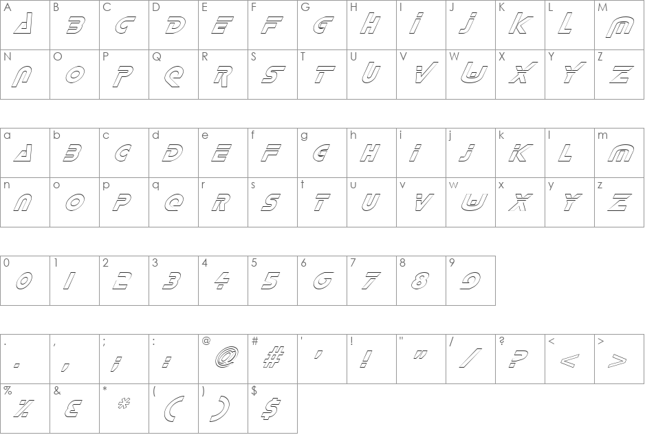 FZ UNIQUE 35 HOLLOW ITALIC font character map preview