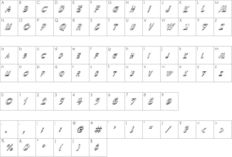 FZ UNIQUE 40 HOLLOW ITALIC font character map preview