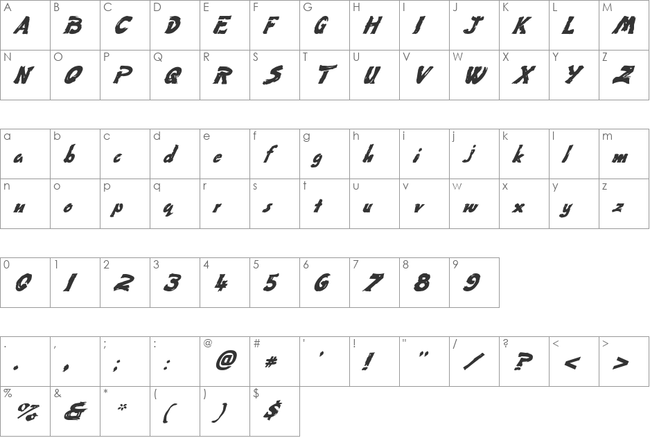 FZ UNIQUE 50 ITALIC font character map preview