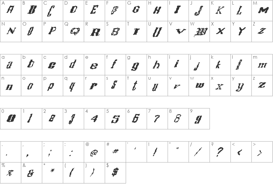 FZ WACKY 16 ITALIC font character map preview
