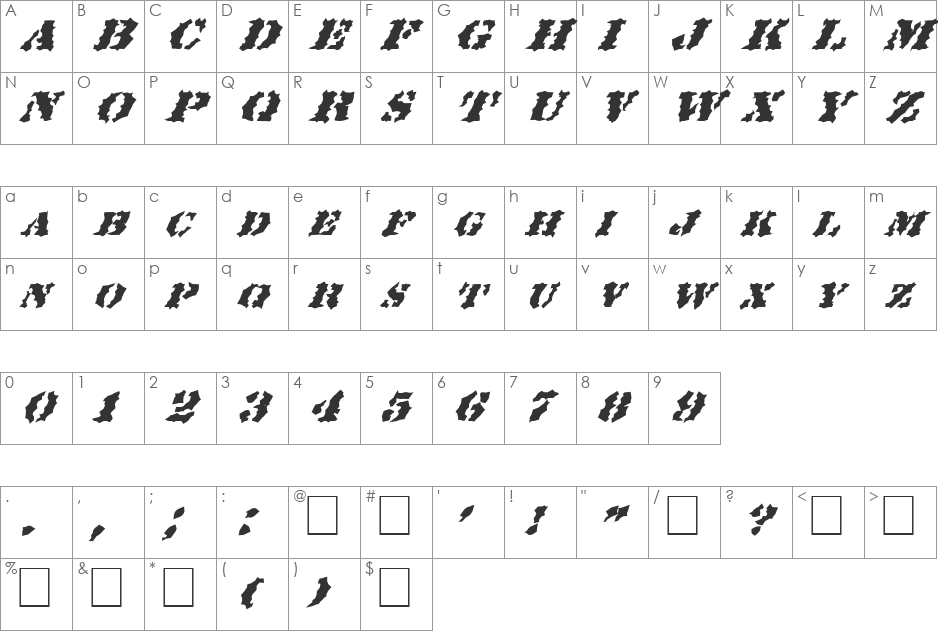 FZ WACKY 19 ITALIC font character map preview
