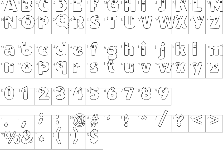 AnniesPeepers font character map preview
