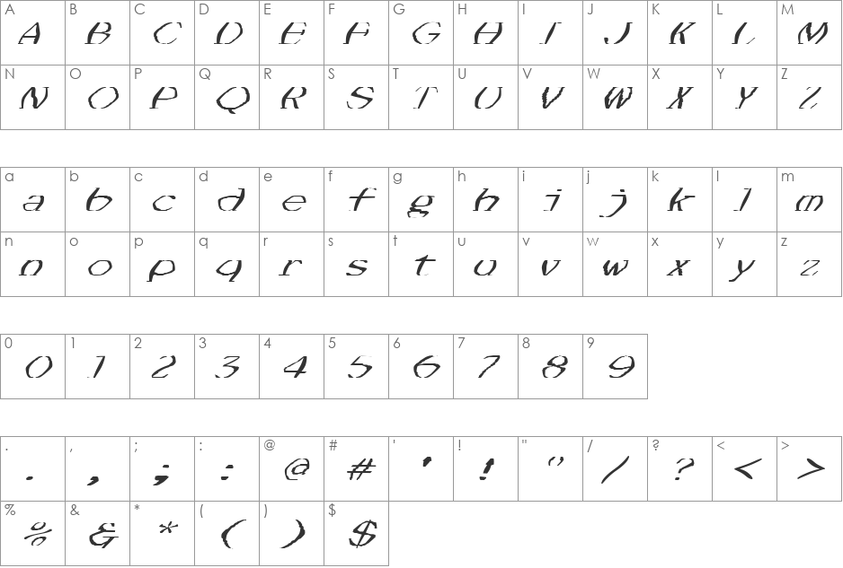 FZ WARPED 1 ITALIC font character map preview