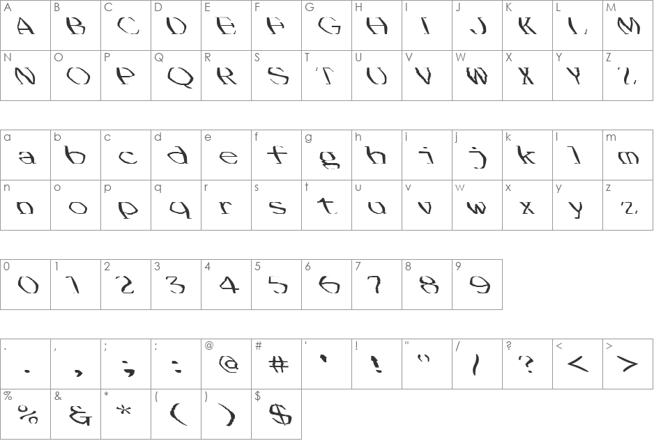 FZ WARPED 1 LEFTY font character map preview