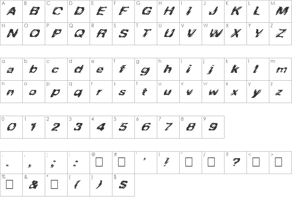 FZ WARPED 10 ITALIC font character map preview