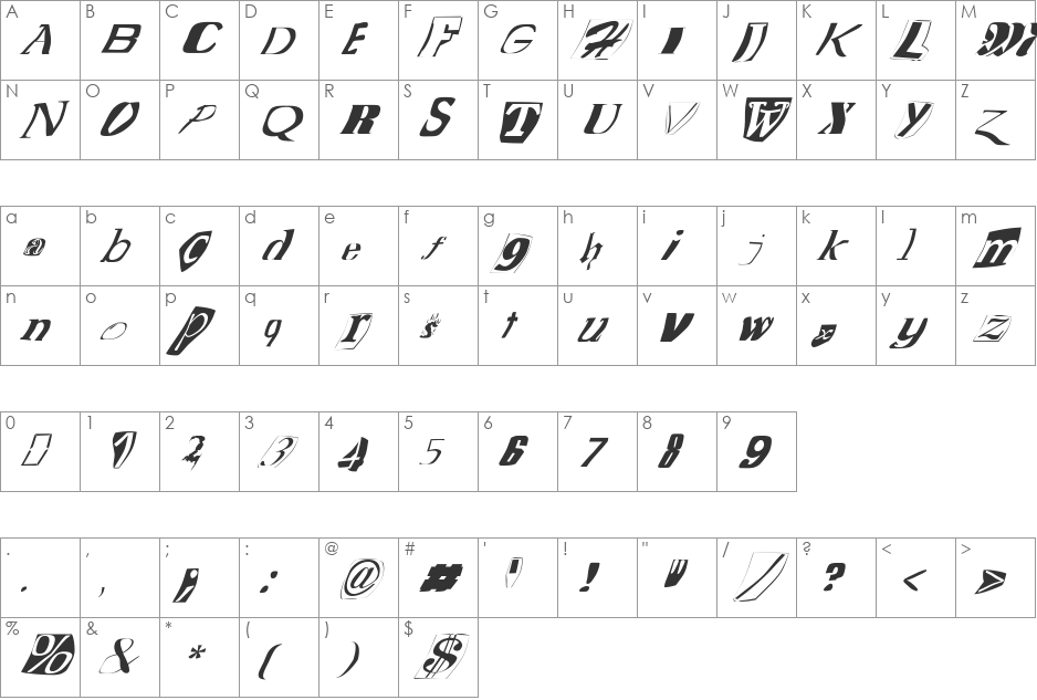 FZ WARPED 15 ITALIC font character map preview