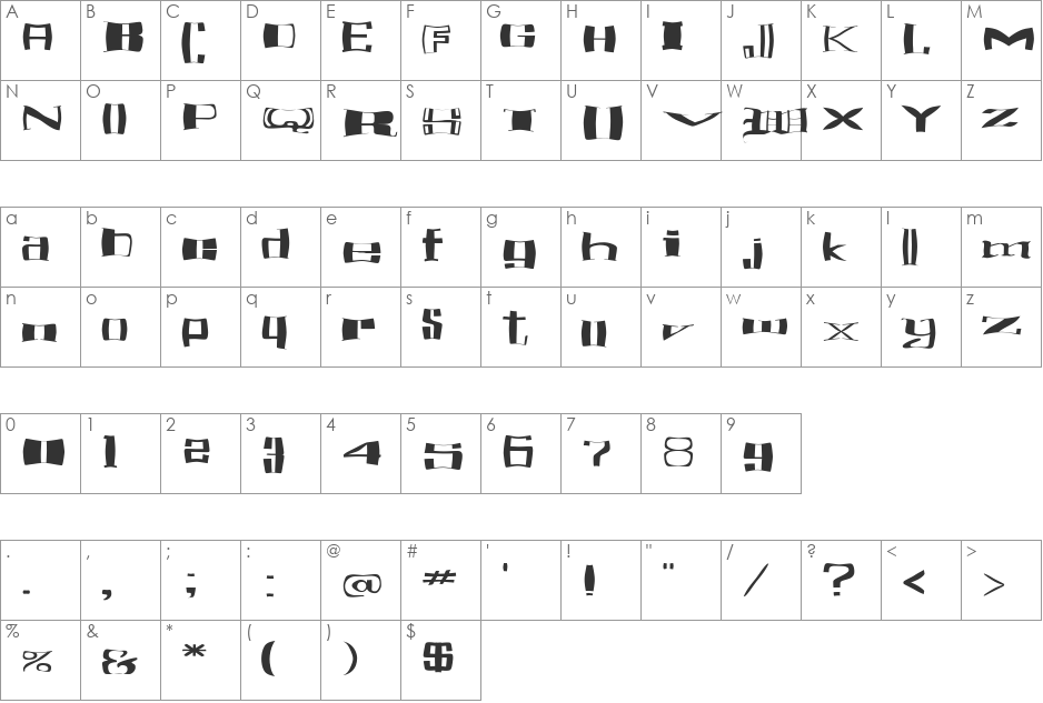 FZ WARPED 16 EX font character map preview