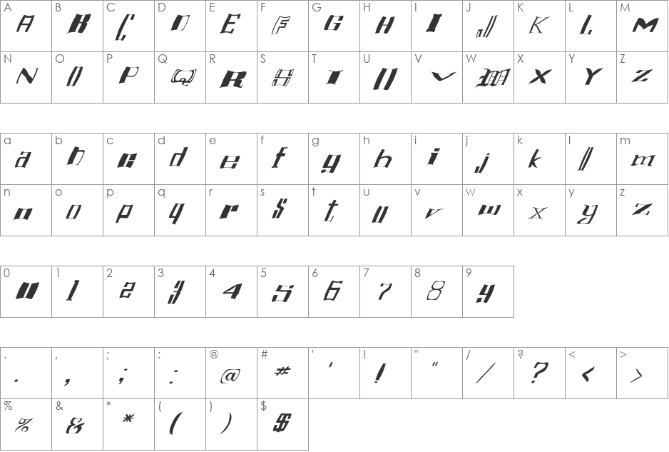 FZ WARPED 16 ITALIC font character map preview