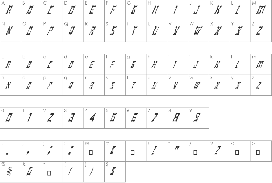 FZ WARPED 18 ITALIC font character map preview