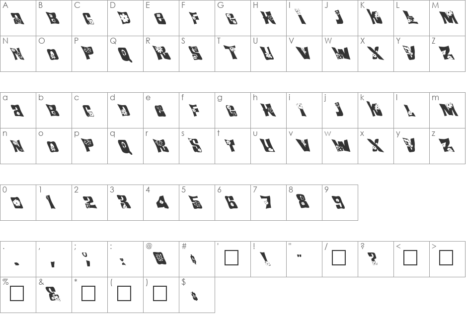FZ WARPED 19 LEFTY font character map preview