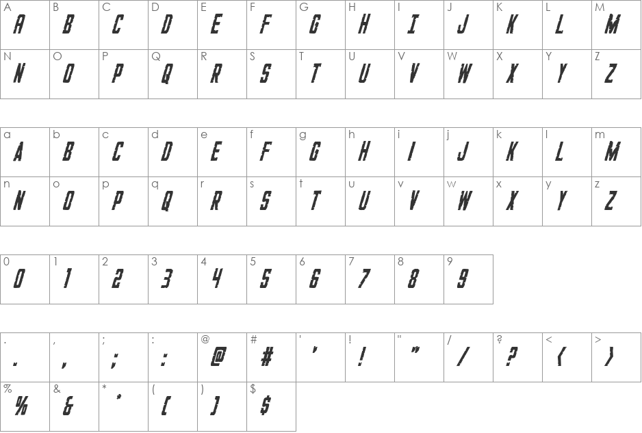 G.I. Incognito Italic font character map preview