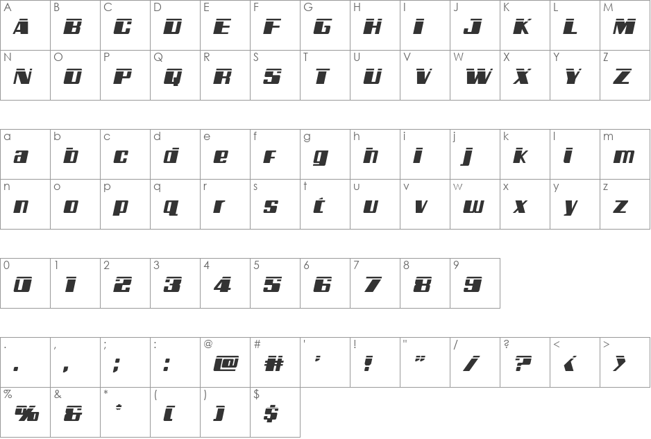 Galactic Storm Laser Italic font character map preview