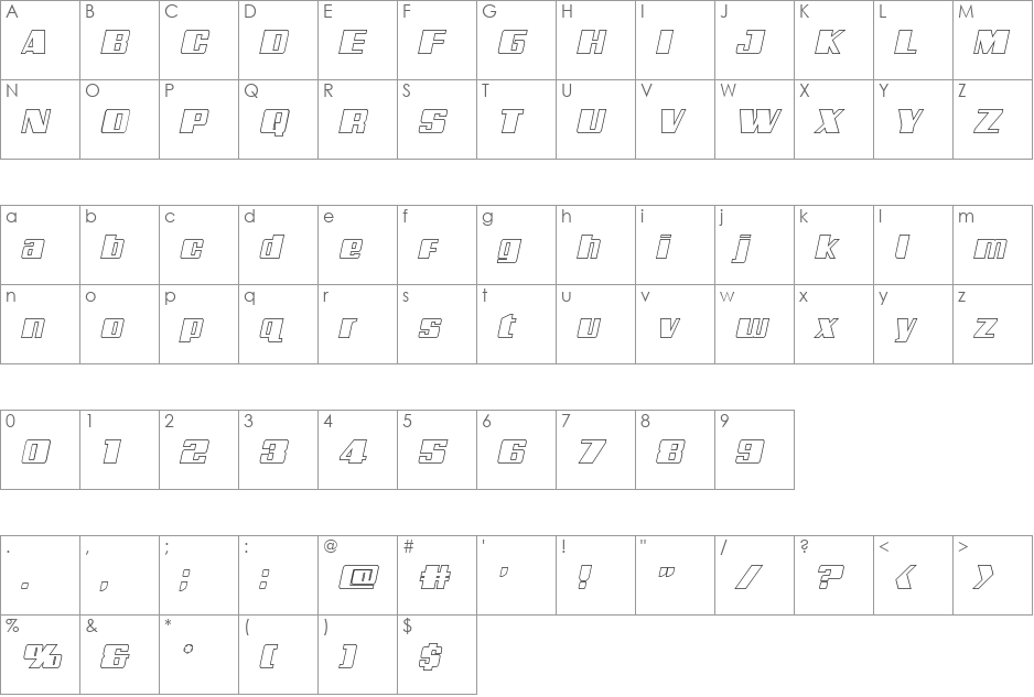Galactic Storm Outline Italic font character map preview