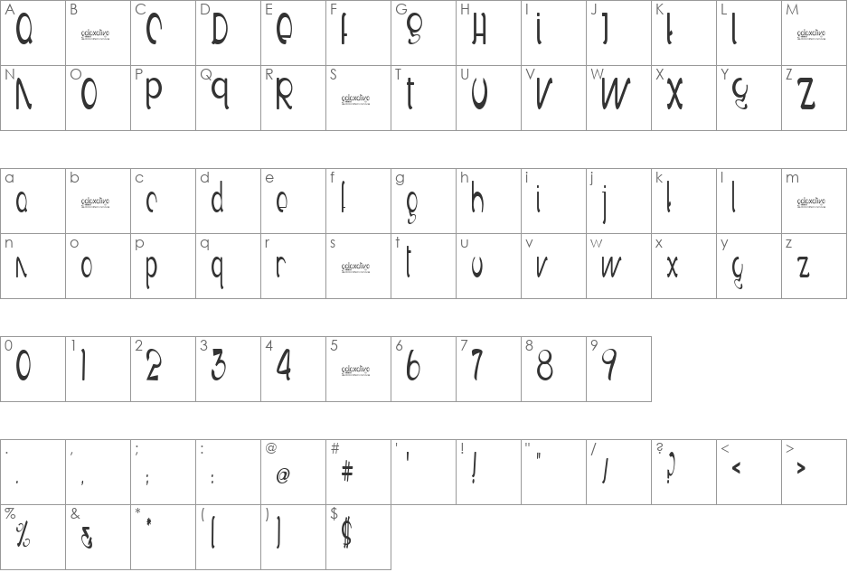 Galaxative tower font character map preview