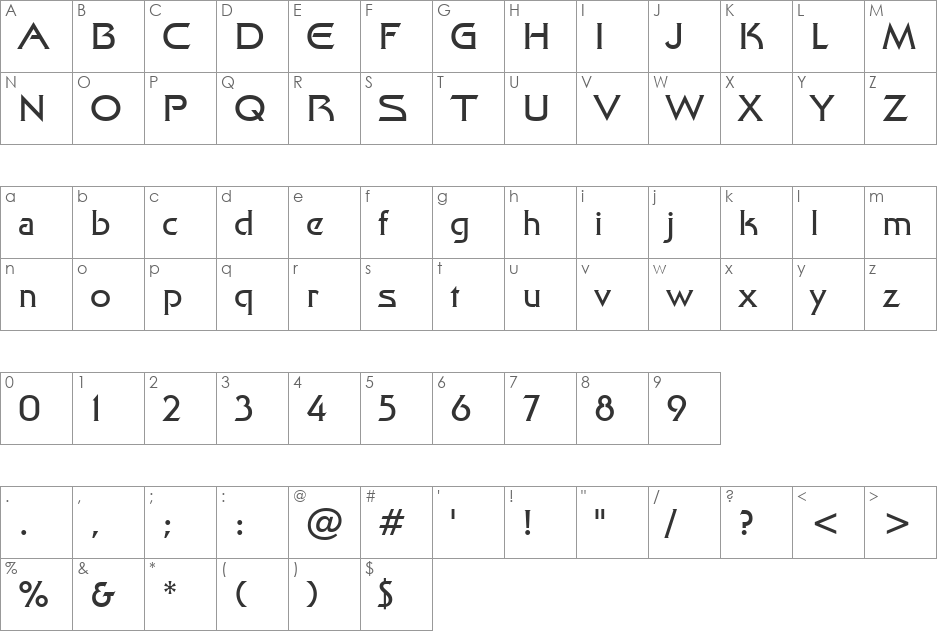 Galaxy BT font character map preview