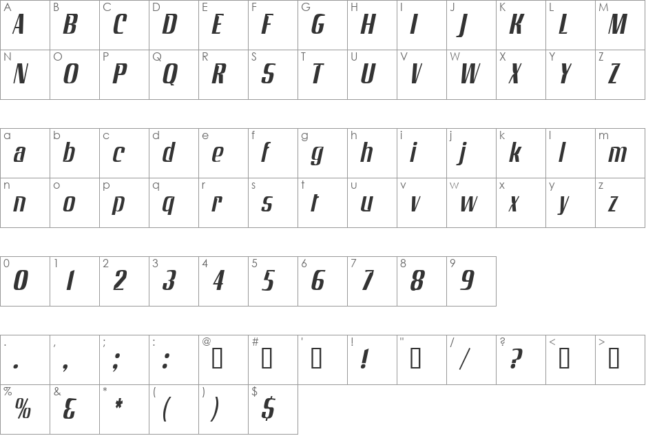 GalaxyCondensed font character map preview