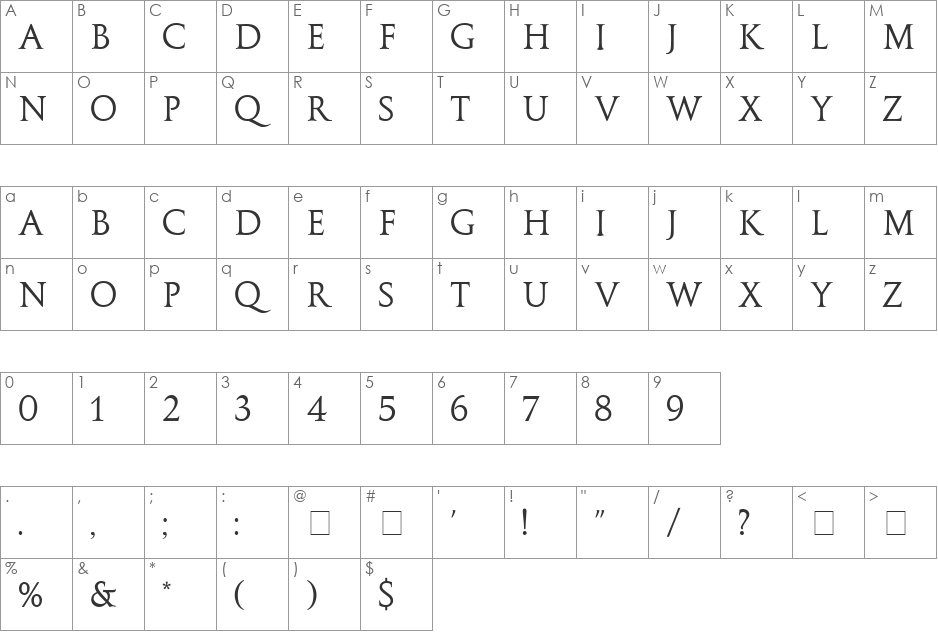 Galba MN font character map preview