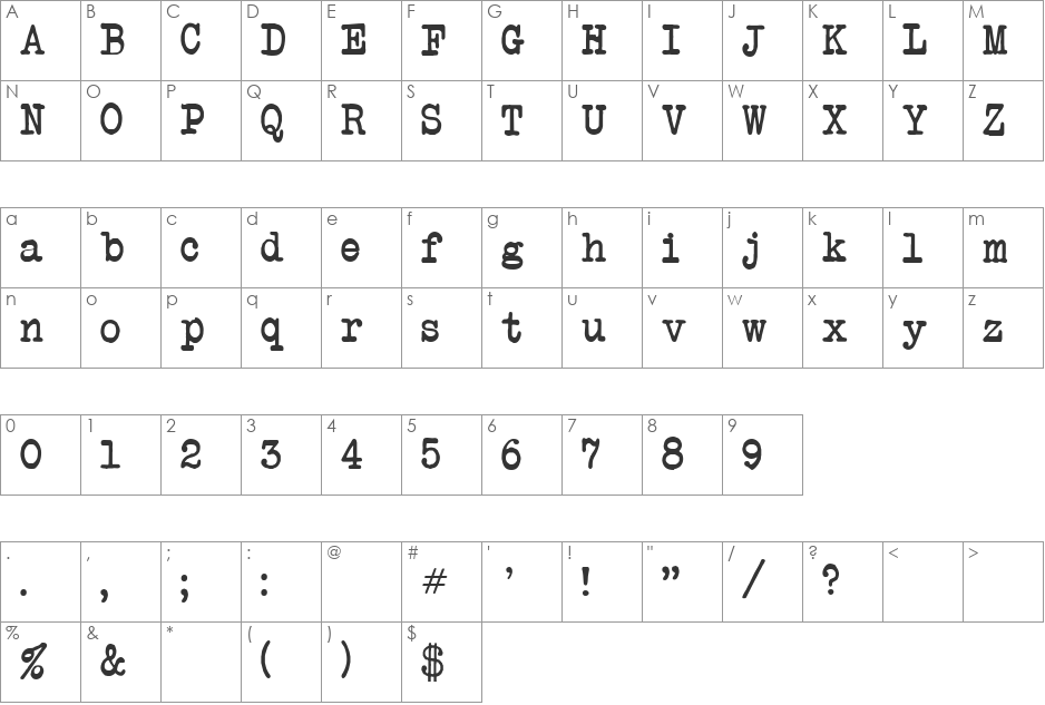 Another Typewriter font character map preview