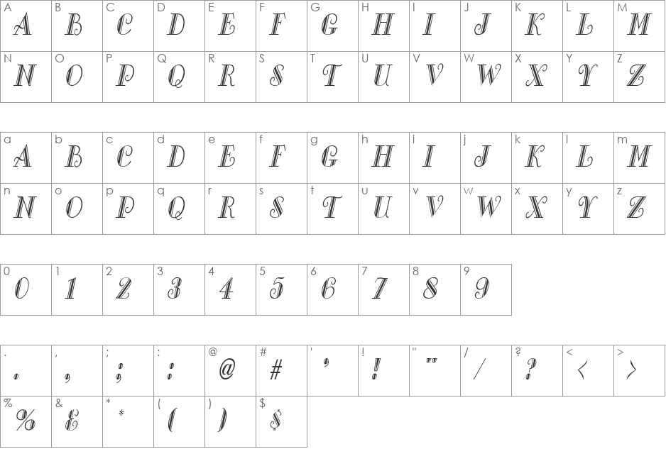 Gallery Condensed font character map preview