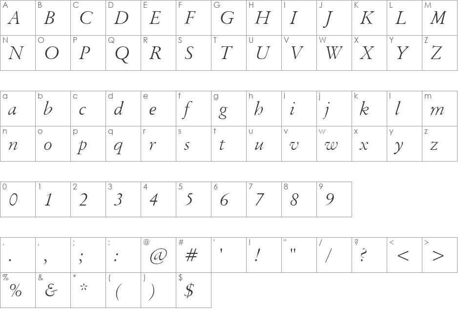 Garamand Classic Light font character map preview