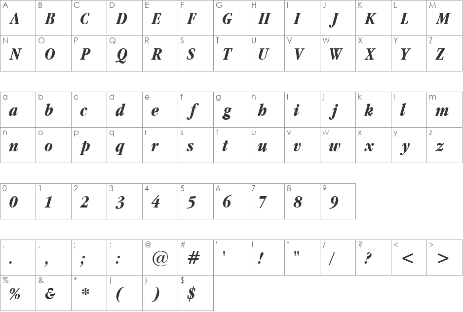 Garamondcond font character map preview