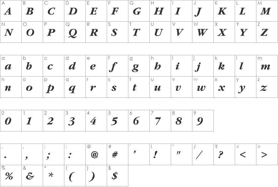 Garamondcond-Bold-Italic font character map preview