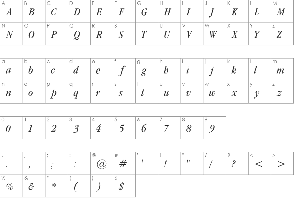Garamondcond-Light-Italic font character map preview