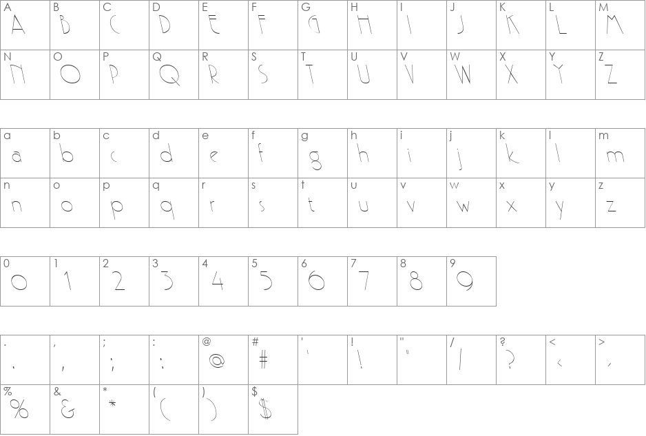 GatsbyBackslant font character map preview