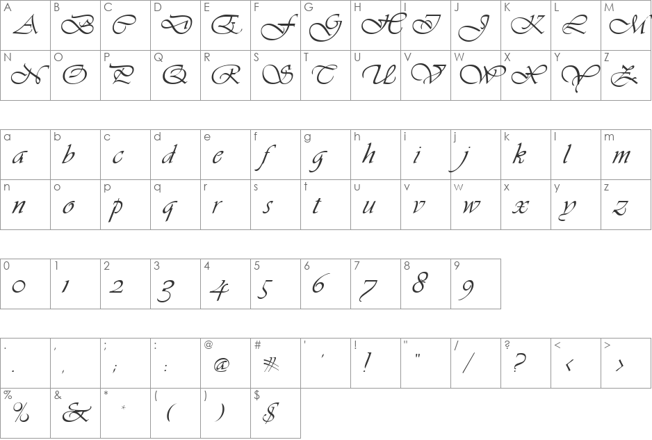 GE VibrantScript font character map preview