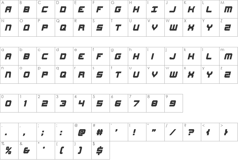 Gearhead Condensed Italic font character map preview