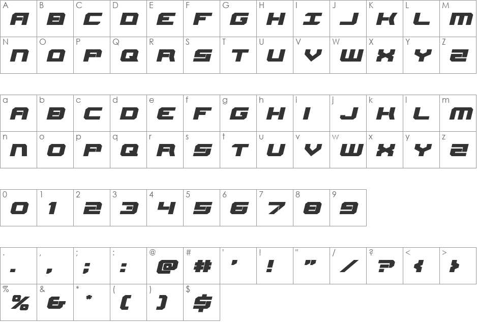 Gearhead Expanded Italic font character map preview