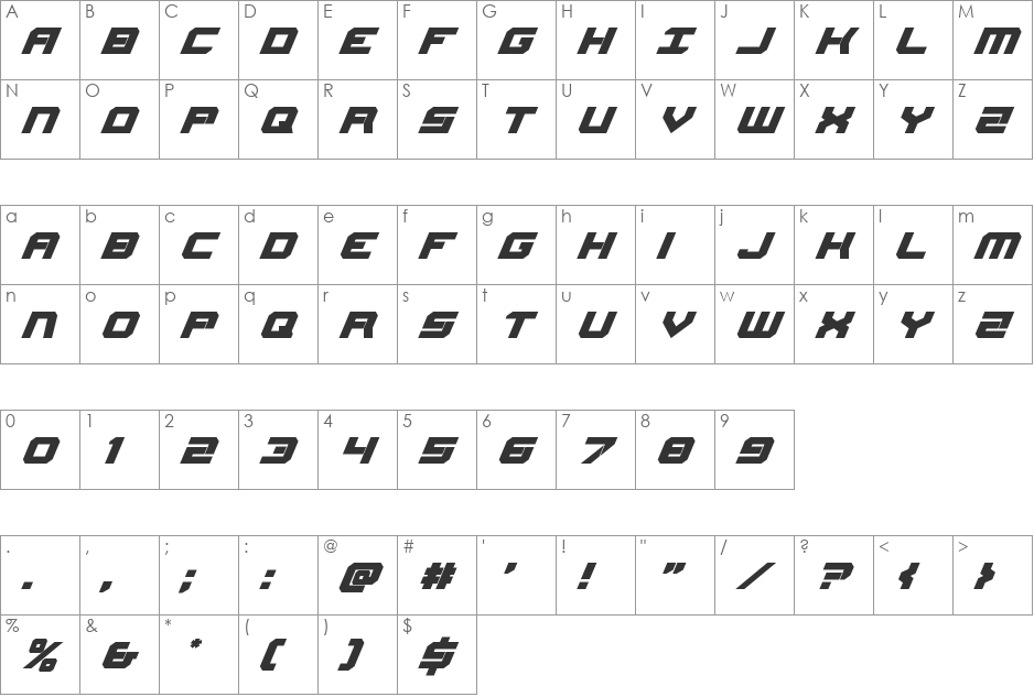 Gearhead Italic font character map preview